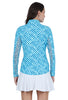 Woman wearing a blue checkered long-sleeve top and white skirt on a white background