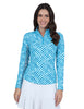 Woman wearing a blue and white checkered long-sleeve top and white skirt on a white background