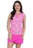 Woman wearing a pink checkered sleeveless top and pink skirt on a white background