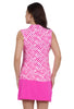 Woman wearing a pink and white checkered sleeveless top with a matching skirt on a white background