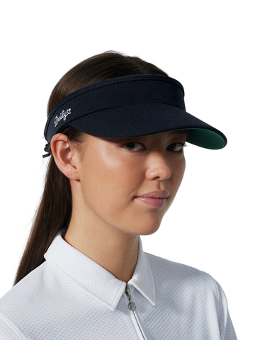 Woman wearing a black visor with a brand logo on a white background