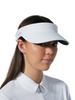 Woman wearing a white visor with a brand logo on a white background