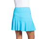 Person wearing a turquoise skirt on a white background