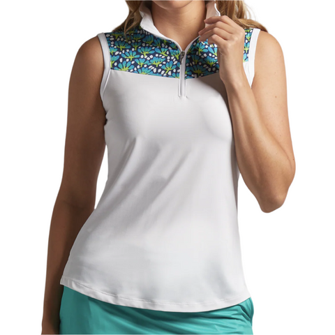 White sleeveless top with floral patterned neckline on a gray background