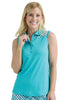 Woman wearing a turquoise sleeveless polo shirt with a checkered pattern on a white background