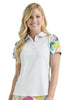 Woman wearing a white polo shirt with colourful sleeves on a white background