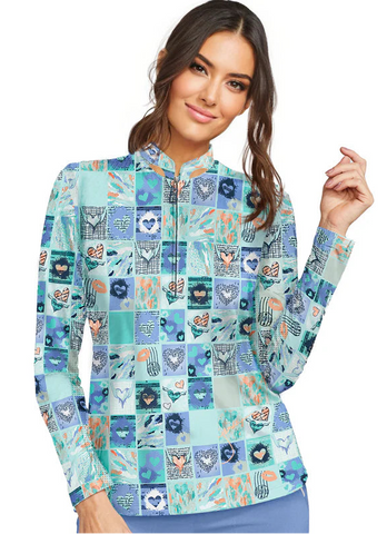 Woman wearing a colorful patterned long-sleeve shirt on a white background