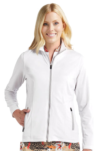 Woman wearing a white jacket with a floral skirt on a white background