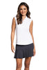 Woman wearing a white sleeveless polo shirt and black skirt on a white background