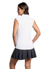 Woman wearing a white sleeveless top and black skirt on a white background