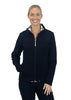 Woman wearing a black quilted jacket with a zebra pattern lining on a white background