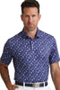 Man wearing a blue patterned polo shirt against a white background