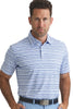 Man wearing a blue striped polo shirt against a plain background
