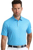 Man wearing a blue patterned polo shirt against a white background