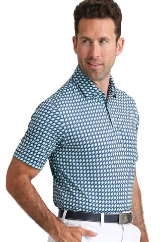 Man wearing a blue patterned shirt on a white background