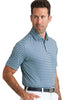 Man wearing a blue patterned shirt on a white background