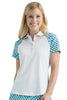 Woman wearing a white polo shirt with teal checkered sleeves on a white background