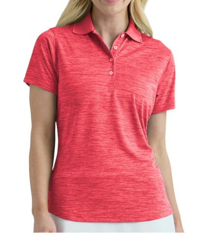 Woman wearing a red polo shirt against a white background