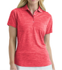 Woman wearing a red polo shirt against a white background