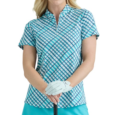 Person wearing a blue and white checkered shirt holding a golf club on a white background