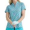 Person wearing a blue and white checkered shirt holding a golf club on a white background