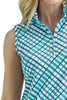Close-up of a woman wearing a blue and white checkered sleeveless top on a white background