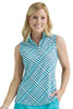 Woman wearing a turquoise checkered sleeveless top against a plain background