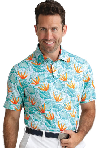 Man wearing a colorful patterned shirt with a white background