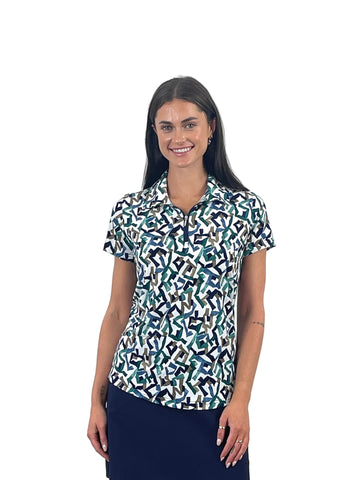 Woman wearing a patterned shirt on a white background