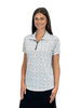 Woman wearing a white polo shirt with black pattern on a white background