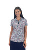 Woman wearing a patterned shirt on a white background