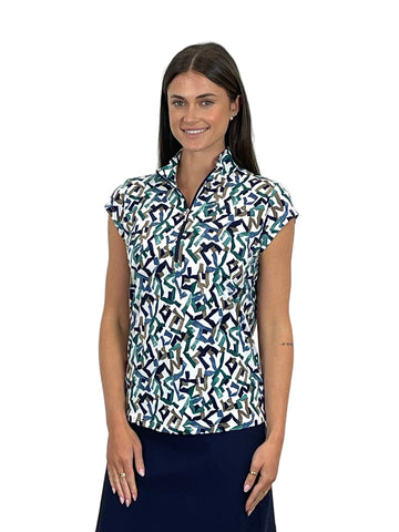 Woman wearing a patterned shirt on a white background