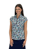 Woman wearing a patterned shirt on a white background