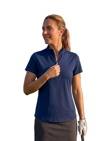 Woman in a blue golf shirt 