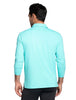 A man viewed from the back wearing a light aqua long-sleeve polo shirt 
