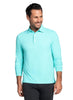 A man wearing a light aqua long-sleeve polo shirt