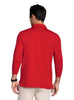 A man viewed from the back wearing a bright red long-sleeve polo shirt 
