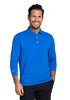 A smiling man wearing a bright blue long-sleeve polo shirt 