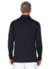 A man viewed from the back wearing a black long-sleeve polo shirt 