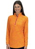 Woman wearing an orange patterned shirt with a white background
