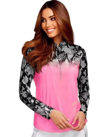 Woman wearing a pink and black patterned top on a white background