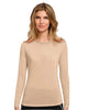 Woman wearing a beige long-sleeve shirt on a white background