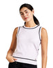 Woman wearing a white sleeveless top with black trim on a white background