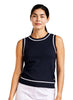 Woman wearing a navy sleeveless top with white trim on a white background