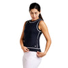 Woman wearing a black sleeveless top with white trim on a white background