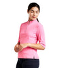 Woman wearing a pink quarter-zip pullover on a white background