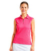 Woman wearing a pink sleeveless golf top and white skirt on a white background