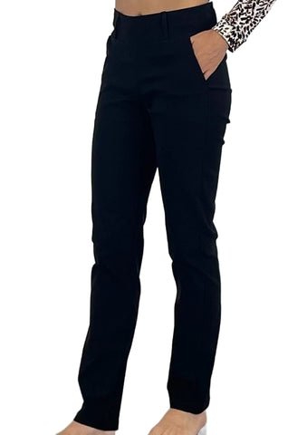 Black pants worn by a person on a white background