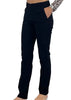 Black pants worn by a person on a white background