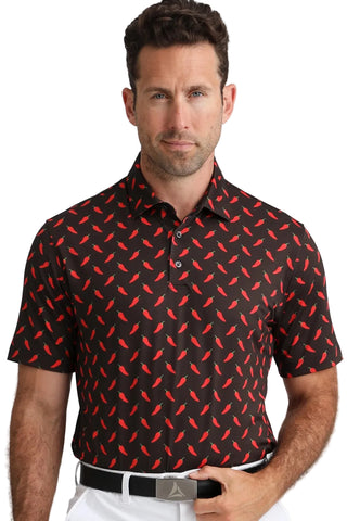 Man wearing a black polo shirt with red pattern on a white background